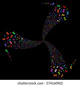 Sum fireworks swirl rotation. Vector illustration style is flat bright multicolored iconic symbols on a black background. Object whirlpool done from random icons.