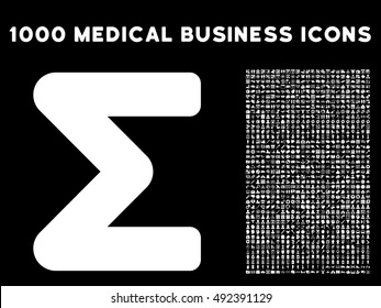Sum icon with 1000 medical business white vector pictograms. Collection style is flat symbols, black background.
