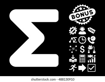 Sum icon with bonus images. Vector illustration style is flat iconic symbols, white color, black background.