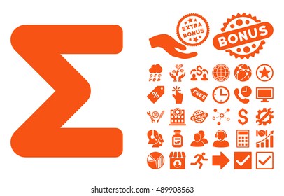 Sum icon with bonus pictures. Vector illustration style is flat iconic symbols, orange color, white background.