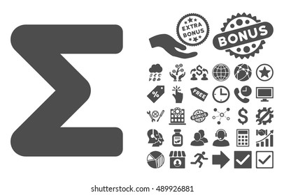 Sum icon with bonus pictures. Vector illustration style is flat iconic symbols, gray color, white background.