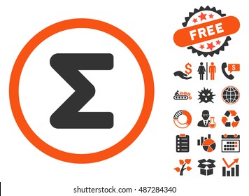 Sum icon with free bonus pictures. Vector illustration style is flat iconic bicolor symbols, orange and gray colors, white background.