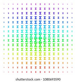 Sum icon spectral halftone pattern. Vector sum items organized into halftone grid with vertical rainbow colors gradient. Designed for backgrounds, covers and abstraction compositions.