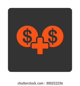 Sum icon. This flat rounded square button uses orange and gray colors and isolated on a white background.