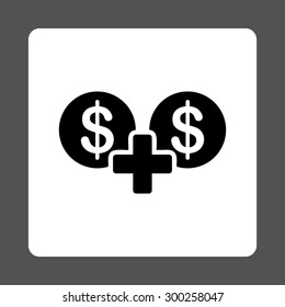 Sum icon. This flat rounded square button uses black and white colors and isolated on a gray background.