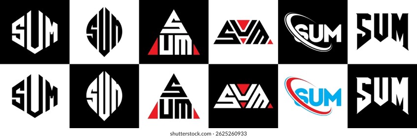 SUM letter logo design in six style. SUM polygon, circle, triangle, hexagon, flat and simple style with black and white color variation letter logo set in one artboard. SUM minimalist and classic logo