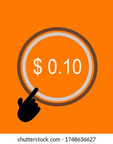 Sum of money in dollar currency inside circle isolated on orange background with index finger pointing on the button, flat vector icon isolated on background for mobile and computer web graphic design