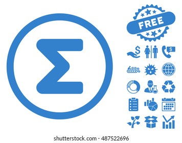 Sum pictograph with free bonus design elements. Vector illustration style is flat iconic symbols, cobalt color, white background.