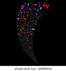 Sum random fireworks stream. Vector illustration style is flat bright multicolored iconic symbols on a black background. Object fountain made from scattered design elements.