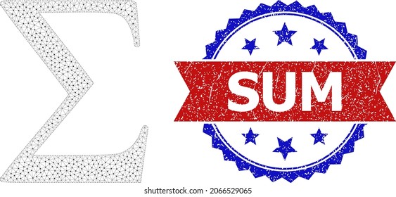 Sum rubber stamp seal, and Sigma Greek letter icon polygonal model. Red and blue bicolored stamp seal has Sum caption inside ribbon and rosette. Abstract 2d mesh Sigma Greek letter,