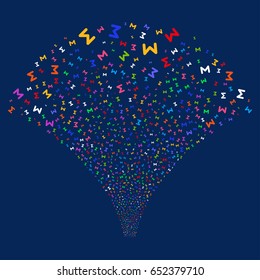 Sum salute stream. Vector illustration style is flat bright multicolored iconic symbols on a blue background. Object stream fountain created from random pictographs.