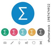Sum symbol flat white icons on round color backgrounds. 6 bonus icons included.