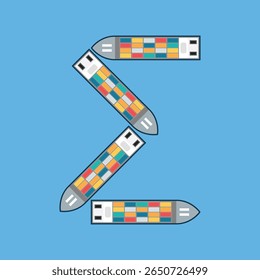 Símbolo de suma hecho de barcos contenedores. Suma cero. Concepto económico. Ilustración vectorial
