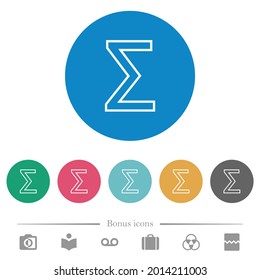 Sum symbol outline flat white icons on round color backgrounds. 6 bonus icons included.