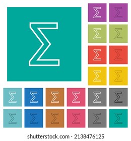 Sum symbol outline multi colored flat icons on plain square backgrounds. Included white and darker icon variations for hover or active effects.