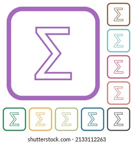 Sum symbol outline simple icons in color rounded square frames on white background