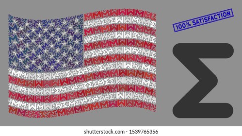 Sum symbols are grouped into USA flag collage with blue rectangle rubber stamp seal of 100% Satisfaction text. Vector collage of USA waving official flag is made of sum icons.
