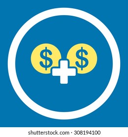 Sum vector icon. This flat rounded symbol uses yellow and white colors and isolated on a blue background.