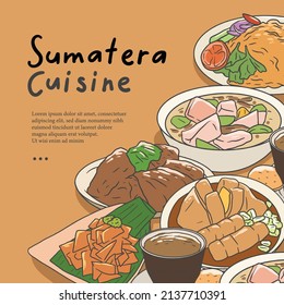 Sumatera cuisine hand drawn illustration vector. Indonesian food set collection for background