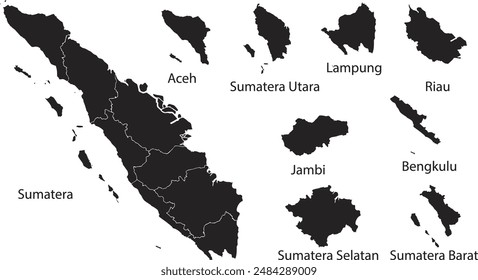 La silueta del mapa de Sumatra, es detallada. completa con límites y provincias: Sumatra Utara, Aceh, Lampung, Riau, Jambi, Bengkulu, Sumatra Selatan, Sumatra Barat