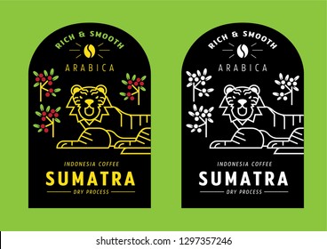 Sumatra Arabica coffee bean label design with tiger vector illustration