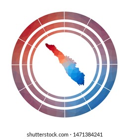 Sumatra badge. Bright gradient logo of island in low poly style. Multicolored Sumatra rounded sign with map in geometric style for your infographics.