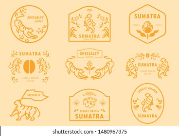 Sumatra coffee logo badge with tiger in coffee forest eating fruits ,holding flag and many manner for represent specialty coffee from Sumatra,Indonesia.