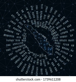 Sumatra digital map. Binary rays radiating around glowing island. Internet connections and data exchange design. Vector illustration.