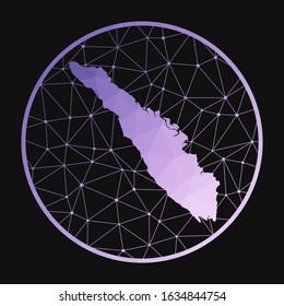 Sumatra icon. Vector polygonal map of the island. Sumatra icon in geometric style. The island map with purple low poly gradient on a dark background.