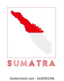 Sumatra Logo. Map of Sumatra with island name and flag. Modern vector illustration.