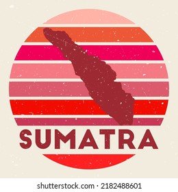 Sumatra logo. Sign with the map of island and colored stripes, vector illustration. Can be used as insignia, logotype, label, sticker or badge of the Sumatra.