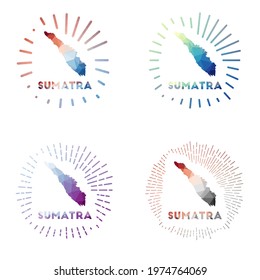 Sumatra low poly sunburst set. Logo of island in geometric polygonal style. Vector illustration.