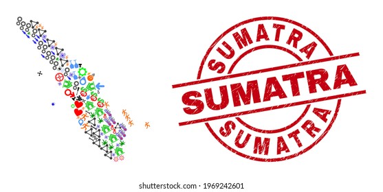 Sumatra map collage and Sumatra red circle stamp seal. Sumatra badge uses vector lines and arcs. Sumatra map collage includes markers, houses, lamps, bugs, wine glasses, and more symbols.