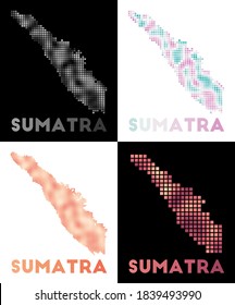 Sumatra map. Collection of maps of Sumatra in dotted style. Borders of the island filled with rectangles for your design. Vector illustration.
