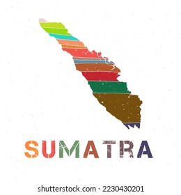 Sumatra map design. Shape of the island with beautiful geometric waves and grunge texture. Beautiful vector illustration.