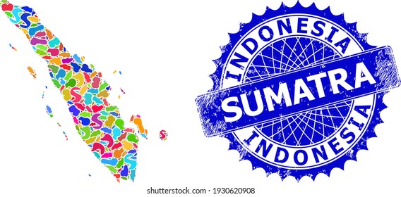 Sumatra map vector image. Blot mosaic and unclean seal for Sumatra map. Sharp rosette blue stamp with caption for Sumatra map. Mosaic vector Sumatra map is created with scattered multi-colored blots.