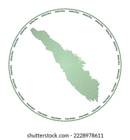 Sumatra round logo. Digital style shape of Sumatra in dotted circle with island name. Tech icon of the island with graduated dots. Attractive vector illustration.