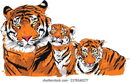 Sumatra tiger mother illustration with 2 cubs
