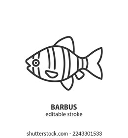 Icono de la línea de peces de barbas de Sumatra. Signo vectorial del barbus del tigre. Trazo editable.
