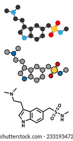 Sumatriptan migraine headache drug (triptan class) molecule. Conventional skeletal formula and stylized representations. 