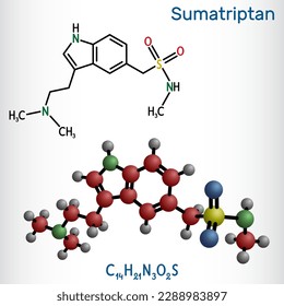 Molécula de sumatriptán. Es un agonista del receptor de la serotonina utilizado para tratar las migrañas, el dolor de cabeza. Fórmula química estructural, modelo molécula. Ilustración del vector