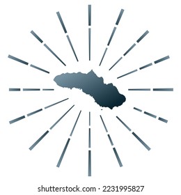 Sumba gradiented sunburst. Map of the island with colorful star rays. Sumba illustration in digital, technology, internet, network style. Vector illustration.