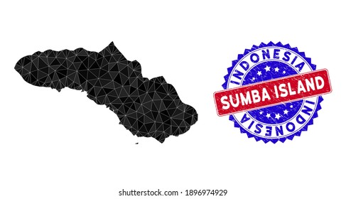 Sumba Island map polygonal mesh with filled triangles, and scratched bicolor watermark. Triangle mosaic Sumba Island map with mesh vector model, triangles have various sizes, and positions,