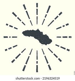Sumba Logo. Grunge sunburst poster with map of the island. Shape of Sumba filled with hex digits with sunburst rays around. Captivating vector illustration.