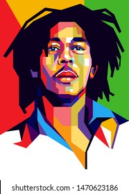 Sumbawa Besar, August 5, 2019: Bob Marley's colorful, bright background, green, red and yellow. - Vector.
