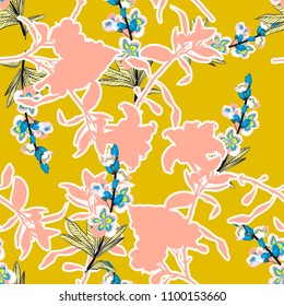 Sumemr bright Silhouette flowers and botanical on hand drawing in shape of floral seamless pattern vector for fashion fabric and all prints on yellow  background.