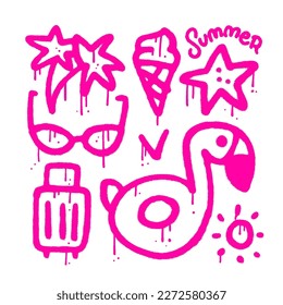 Elementos de vacaciones de verano ambientados en un sencillo estilo de grafiti urbano aislado en fondo blanco - bolsa, anillo de flamingo, palma, helado y gafas de sol. Ilustración vectorial con textura de pulverización para camisetas y pancartas