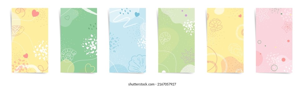 Sumer sale stories banners fashion template set. Beach vacation design for stories and promo posts. Design with wavy patterns, seashells, and abstract shapes in pink, yellow, and green colors cards.