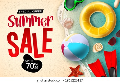 Sumer sale vector banner design. Summer sale 3d text up to 70% off discount with beach ball, floater and sunglasses element for summer special offer business promo. Vector illustration