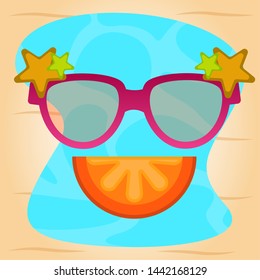 Sumer vacation poster with a sunglasses, orange cut and starfishes on a sea landscape - Vector